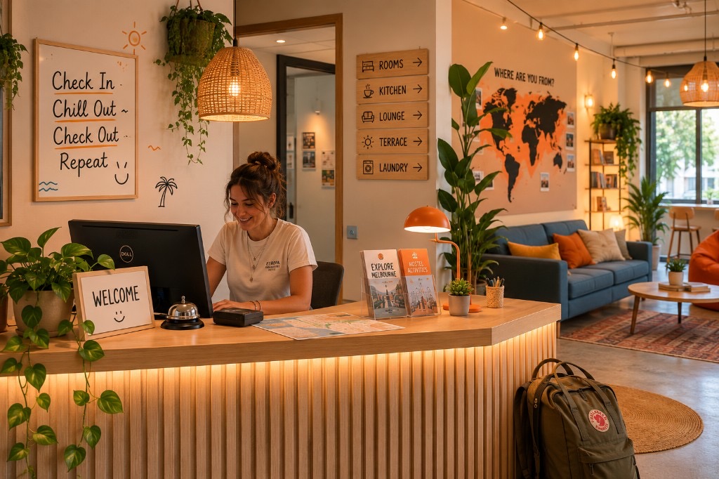 Hostel reception desk with staff member at check-in